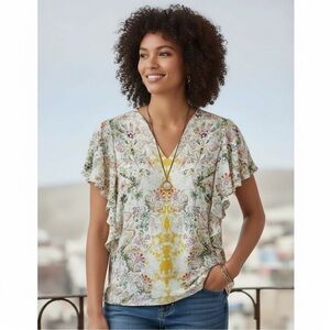 NWT Sundance Arabella V Neck Short Flutter Sleeve Abstract Floral Print Top XS